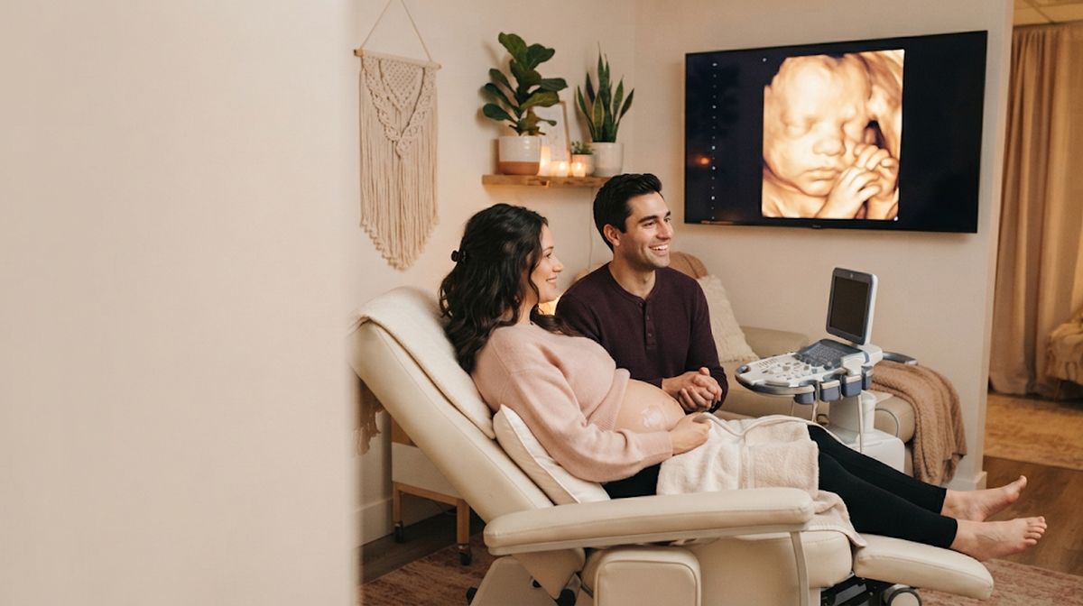 Expectant couple smiling at a 3D ultrasound of their baby on a large screen